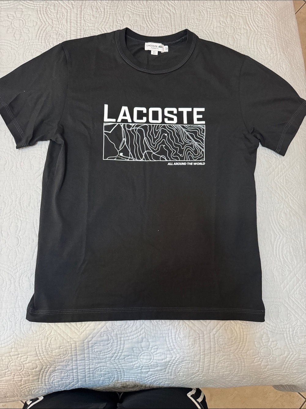 Lacoste Black Tee with White Topographic Print